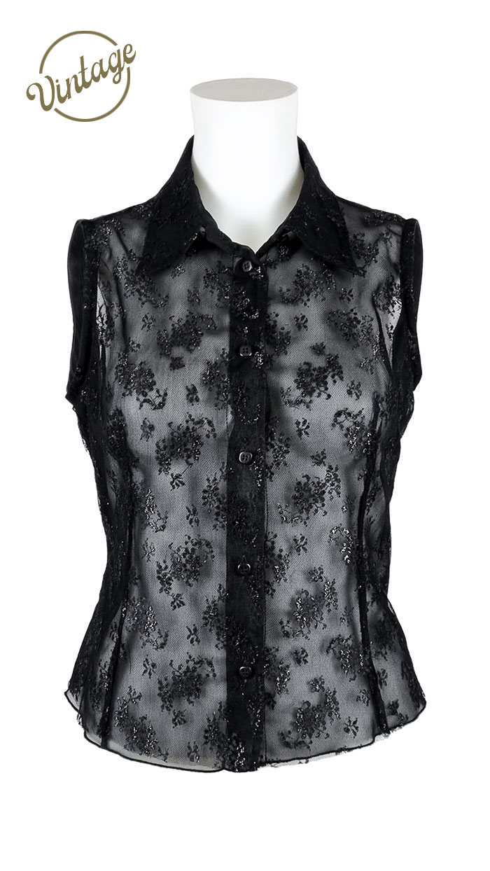 Camicia elegante nera a giro maniche con trasparenza frontale e stampa piccoli fiori
