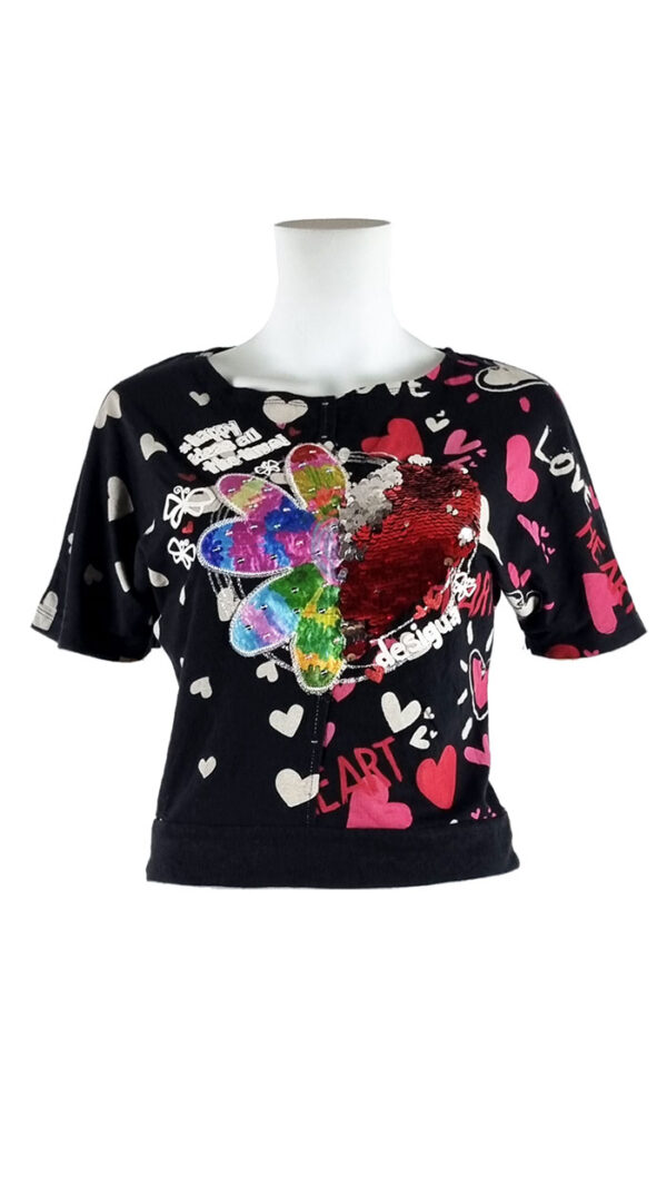 T shirt con stampa colorata e applicazioni paillettes