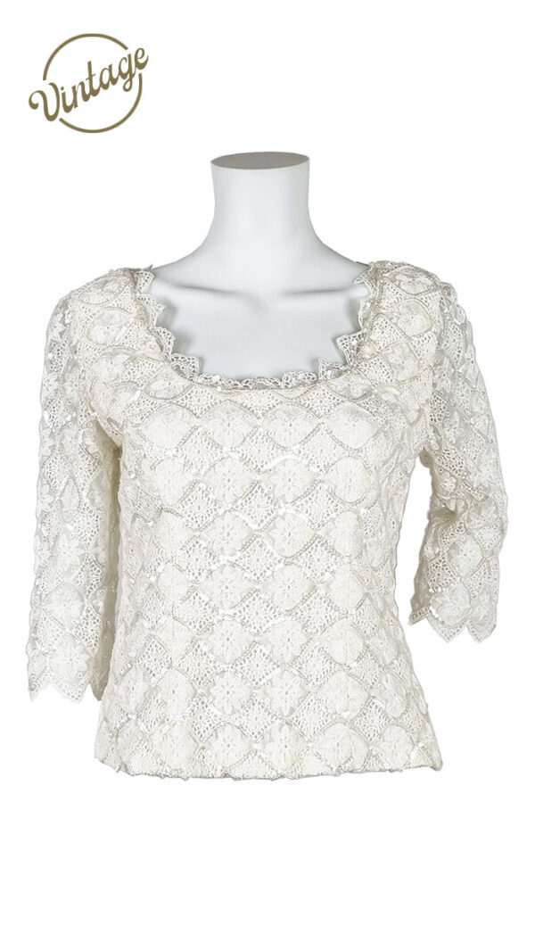 Maglia vintage bianca con paillettes e ricami in pizzo
