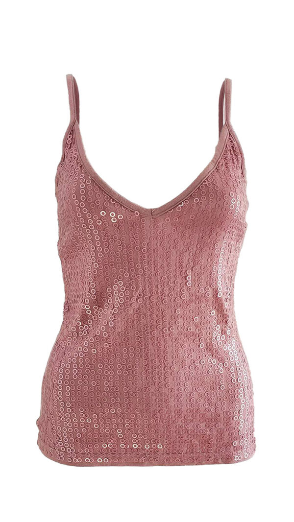 Top rosa con bretelle ricoperto di paillettes