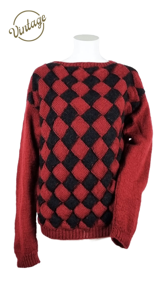 maglione a scacchi rosso e nero vintage