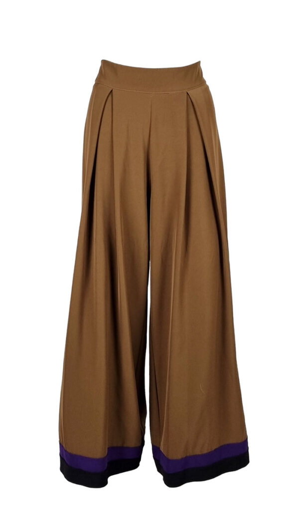 Pantaloni palazzo marroni con bordi a strisce viola e neri