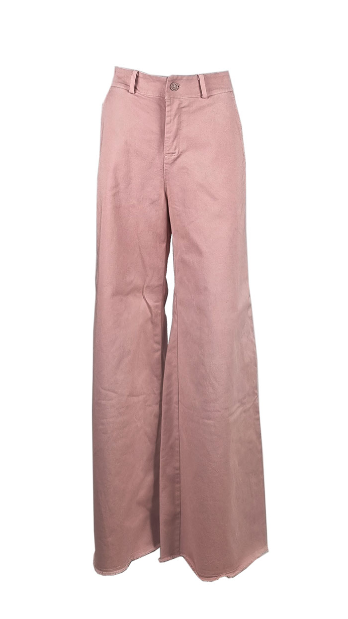 Pantaloni palazzo in cotone rosa con orlo sfrangiato